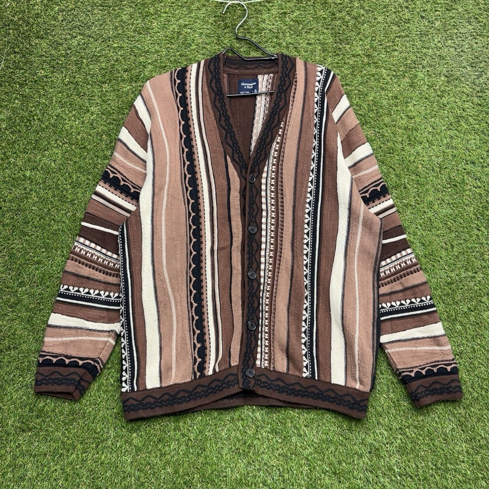 Abercrombie & Fitch Cardigan Sweater Mens XL Brown 3D Knit Chunky Coogi Style